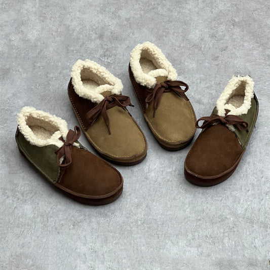 Women Retro Handmade Color-block Stitched Fleece Flat Shoes