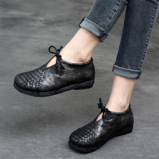 Woven Lace-up Leather Flats - Luckyback